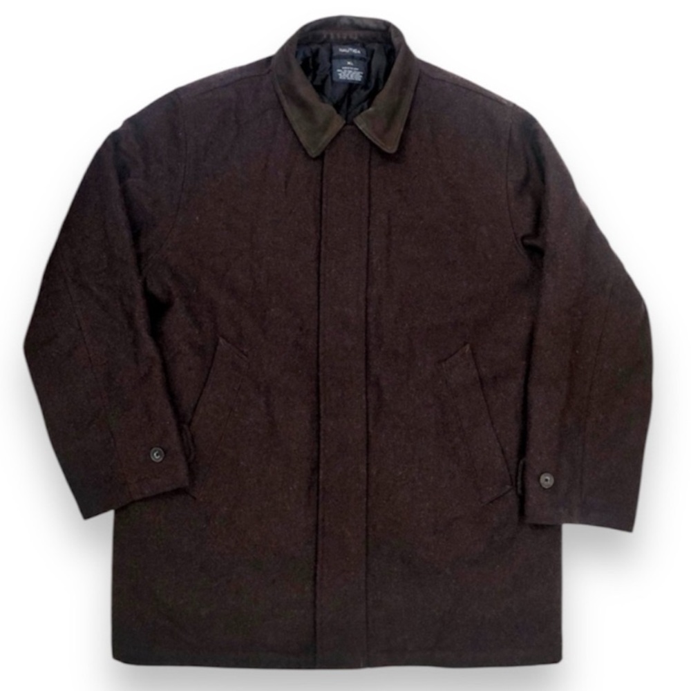 Nautica Wool Blend Brown Coat Leather Collar Zip Up Long Heavy Weight Insulated